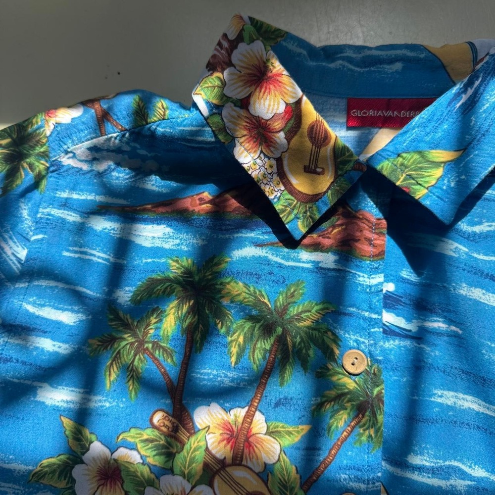 Vintage Hawaiian Shirt Women's Size Medium Gloria Vanderbilt Blue Palm Tree - Picture 8 of 8